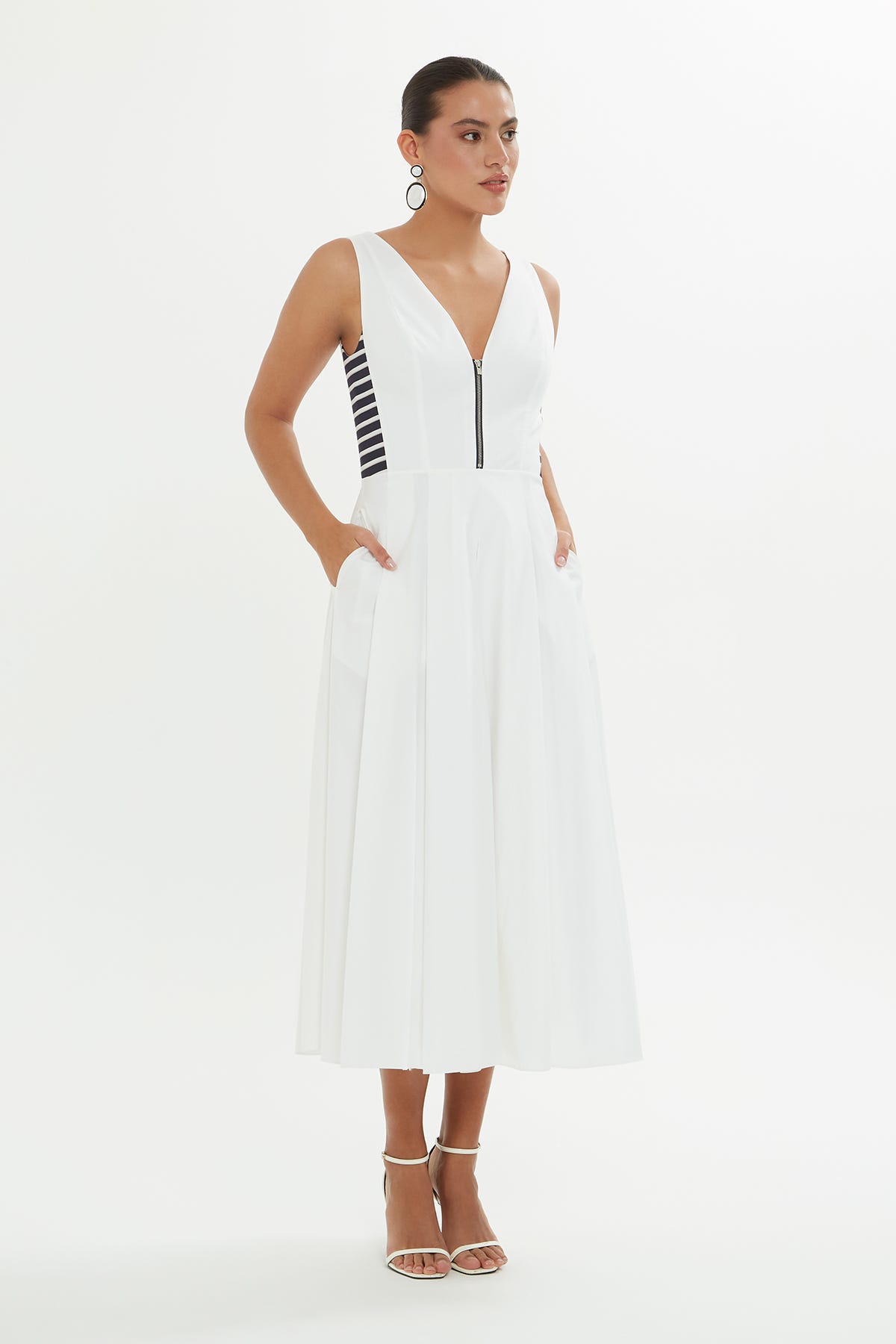 V Yakalı Astarlı Midi Elbise