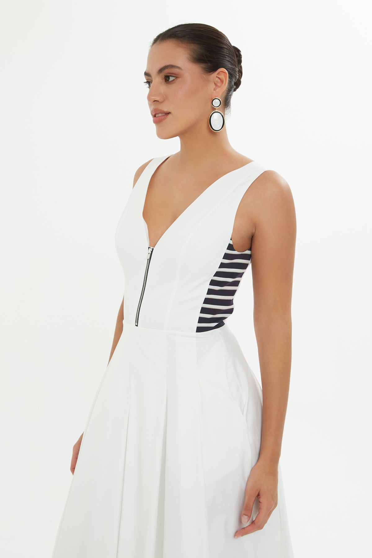 V Yakalı Astarlı Uzun Elbise