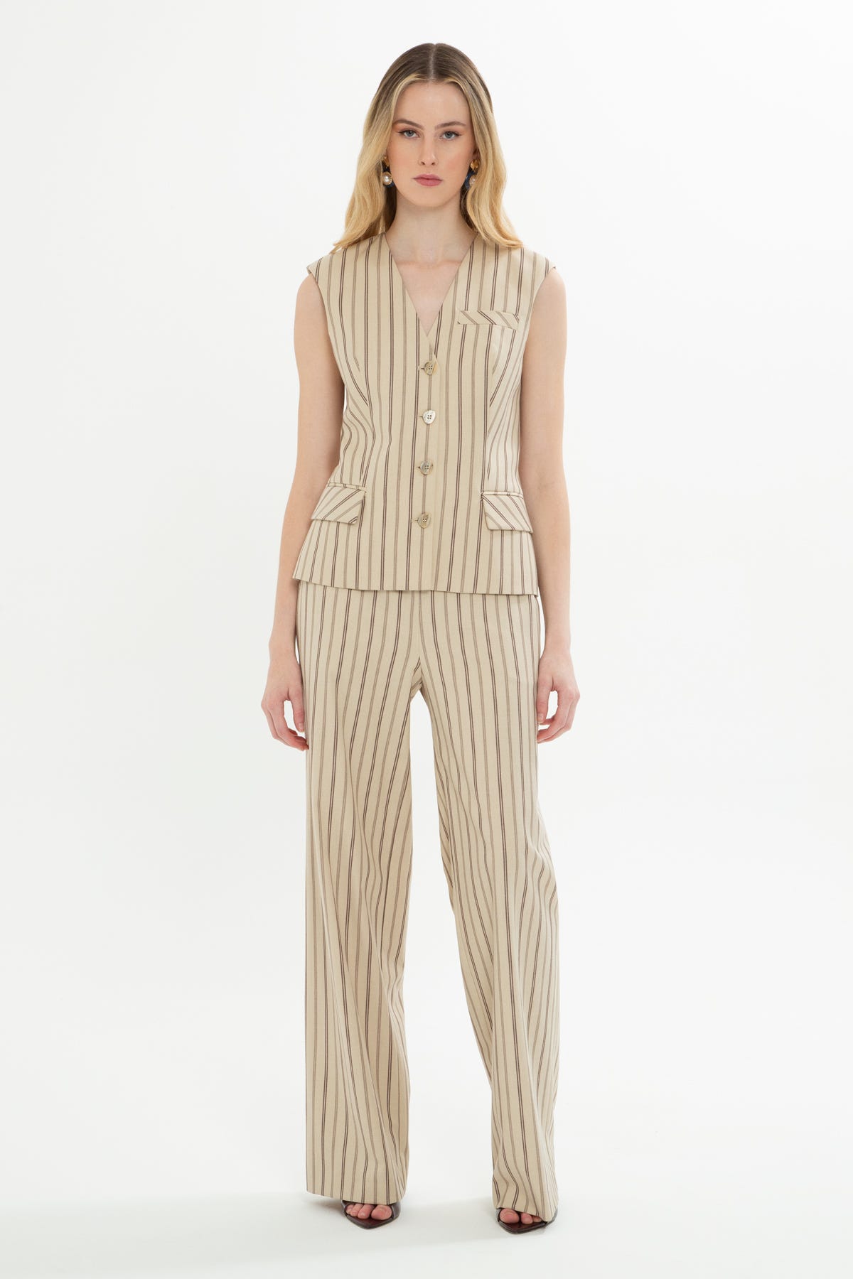 Yelekli Ve Palazzo Pantolonlu Çizgili Takım