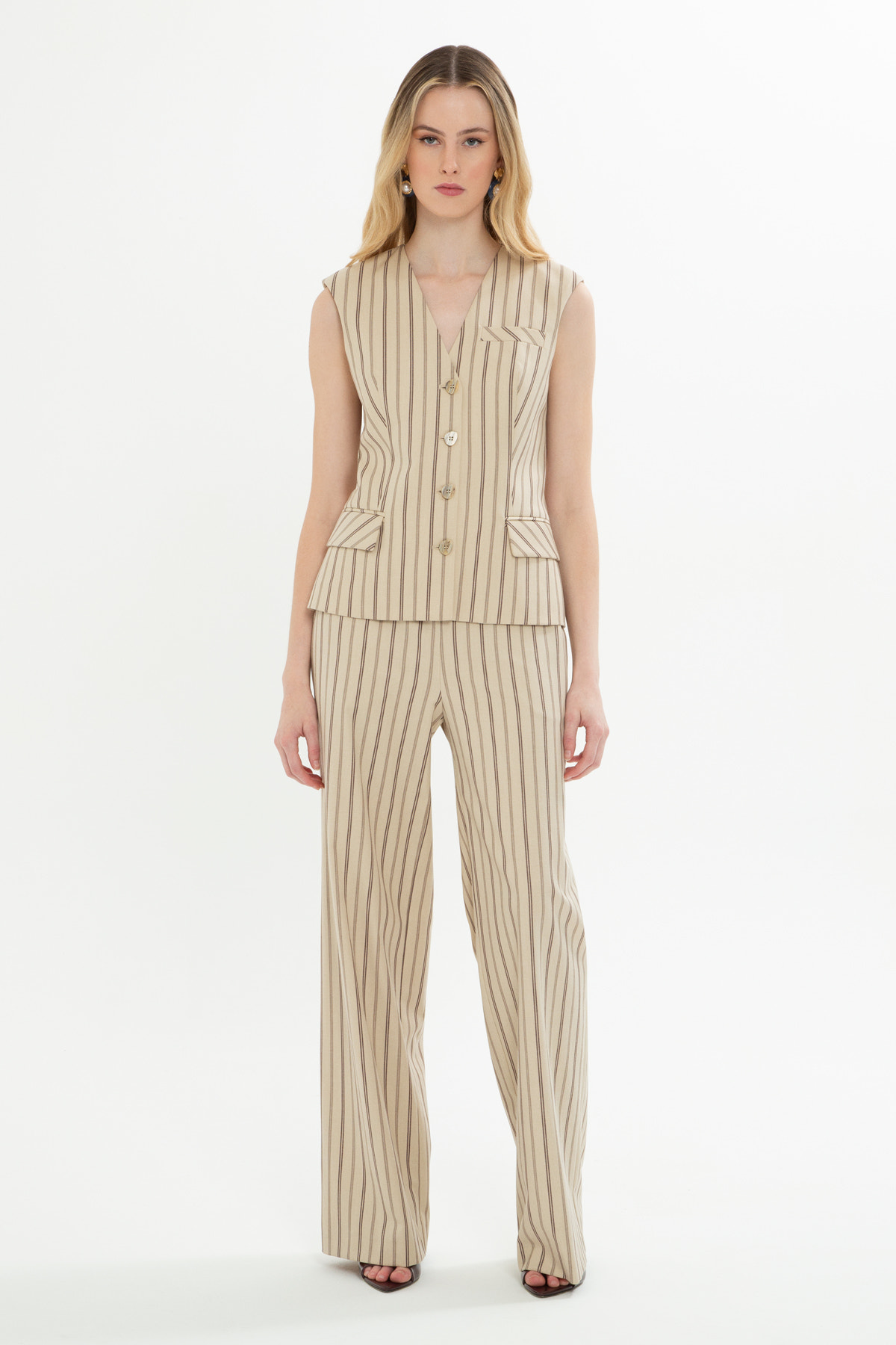 Yelekli Ve Palazzo Pantolonlu Çizgili Takım