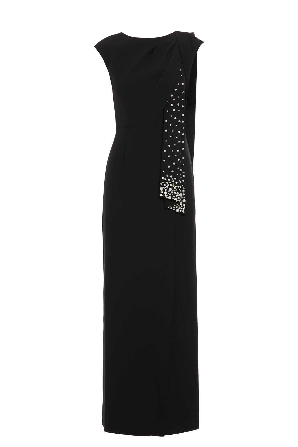 Yan Yırtmaçlı İşlemeli Uzun Elbise