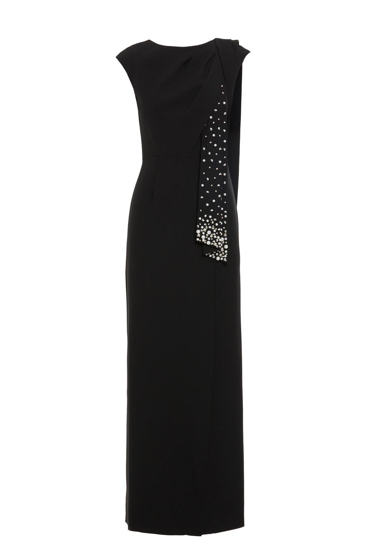 Yan Yırtmaçlı İşlemeli Uzun Elbise