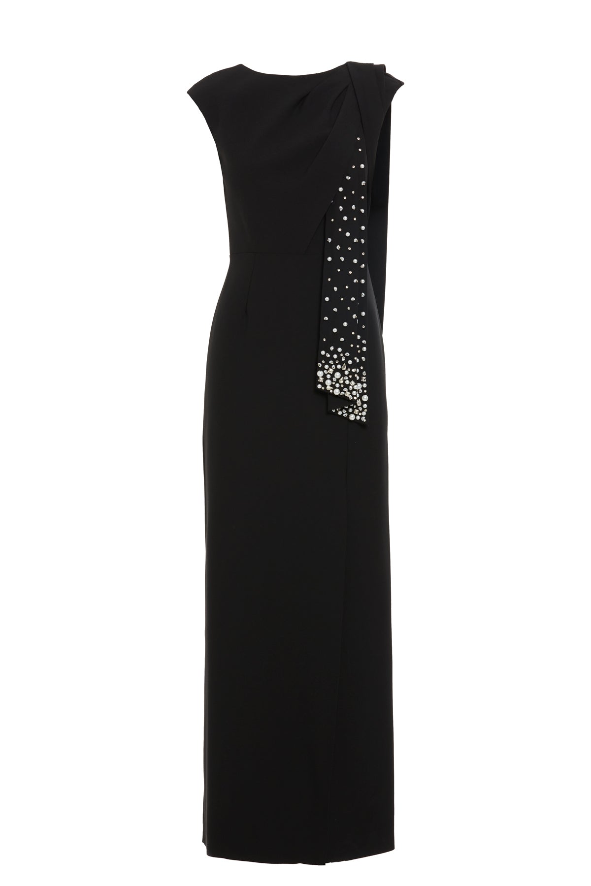 Yan Yırtmaçlı İşlemeli Uzun Elbise