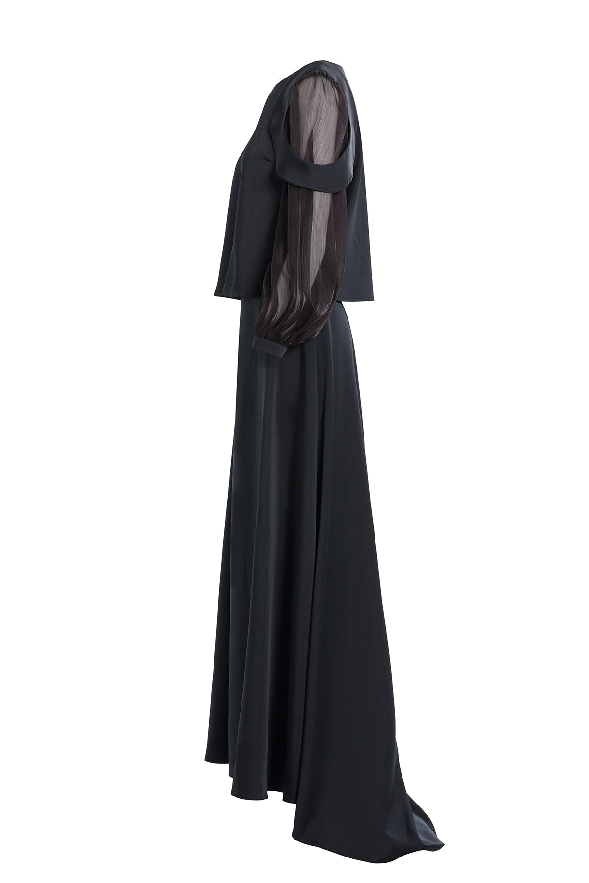 Uzun Kol Omuz Aller Parçalı Eteği Kloş Asimetrik Kemerli Abiye Takım