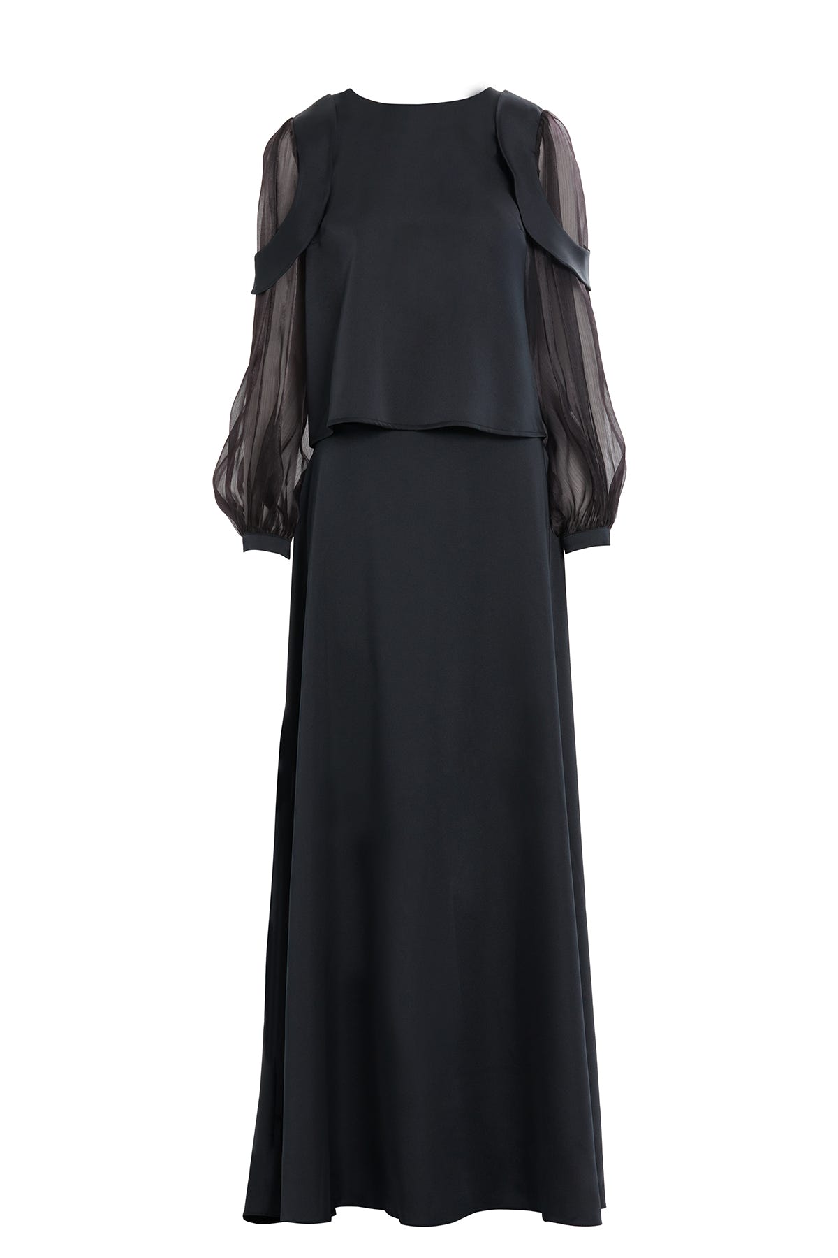 Uzun Kol Omuz Aller Parçalı Eteği Kloş Asimetrik Kemerli Abiye Takım