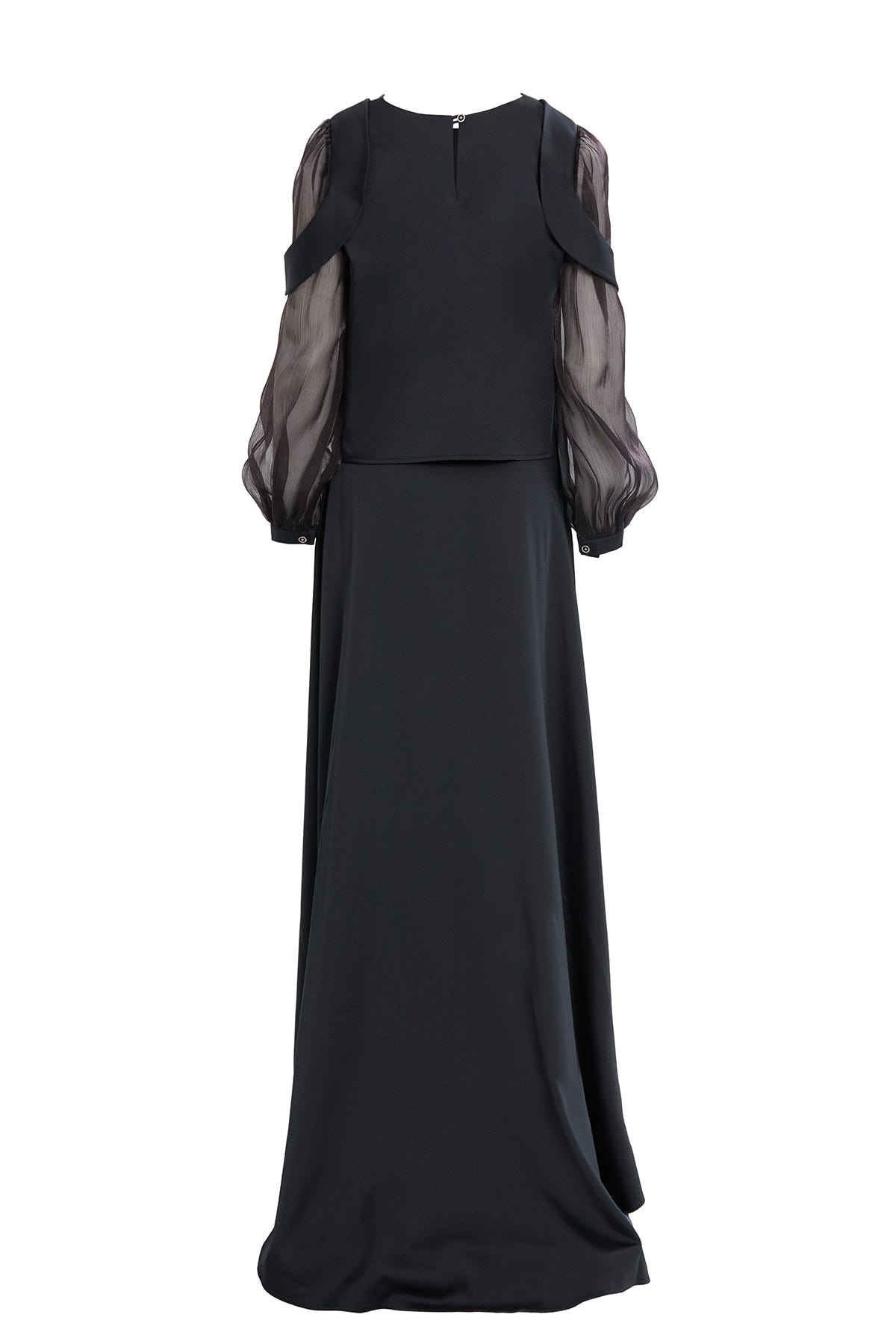 Uzun Kol Omuz Aller Parçalı Eteği Kloş Asimetrik Kemerli Abiye Takım