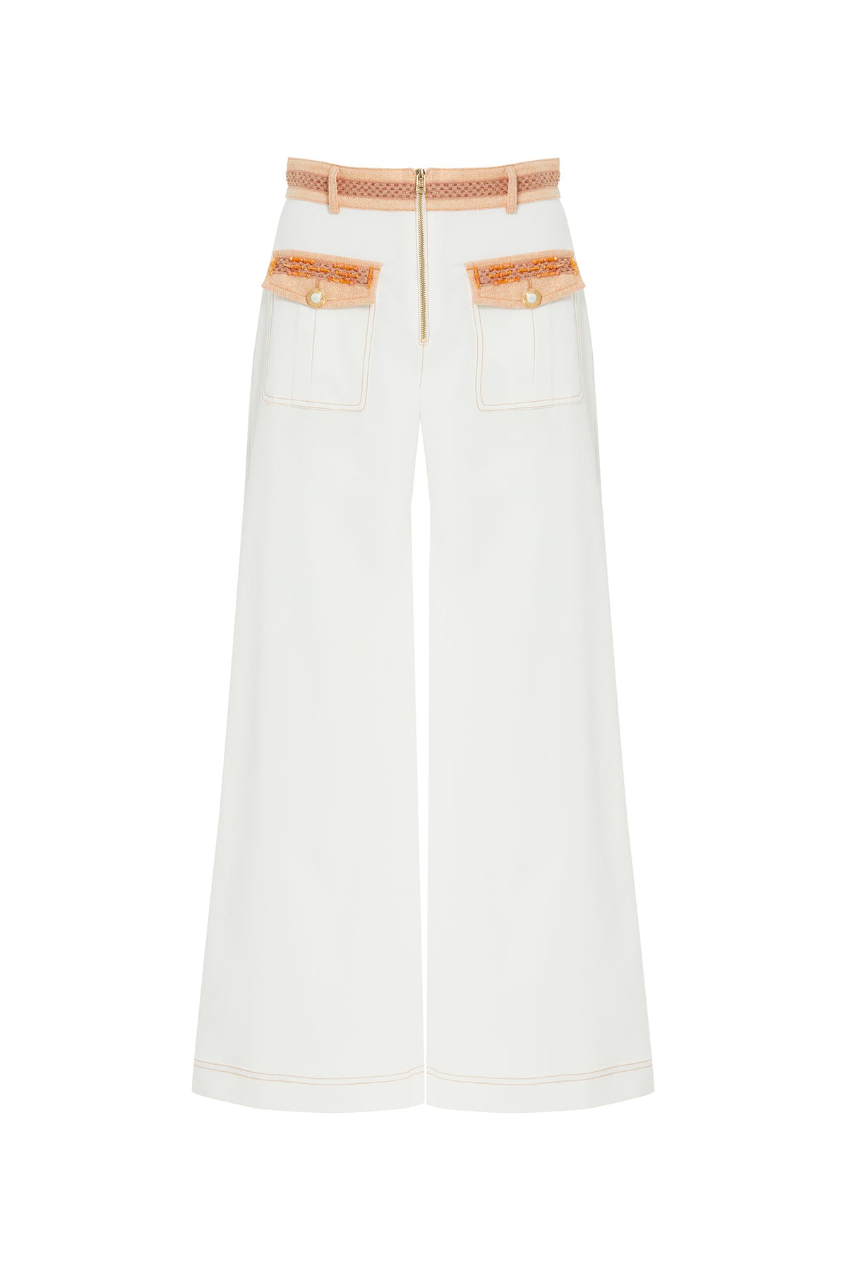 Cep Kapak Üstü İşlemeli Ve Düğme Detaylı Fermuarlı Palazzo Pantolon