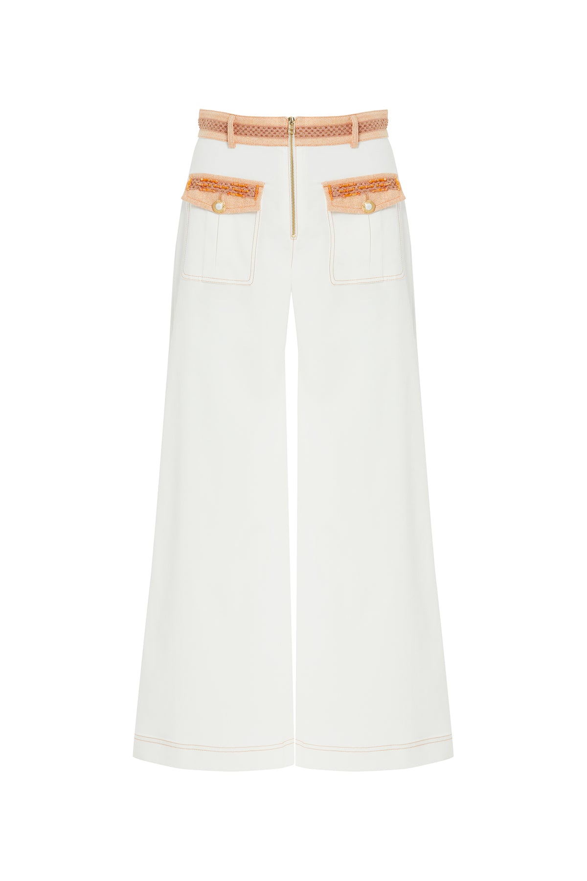 Cep Kapak Üstü İşlemeli Ve Düğme Detaylı Fermuarlı Palazzo Pantolon