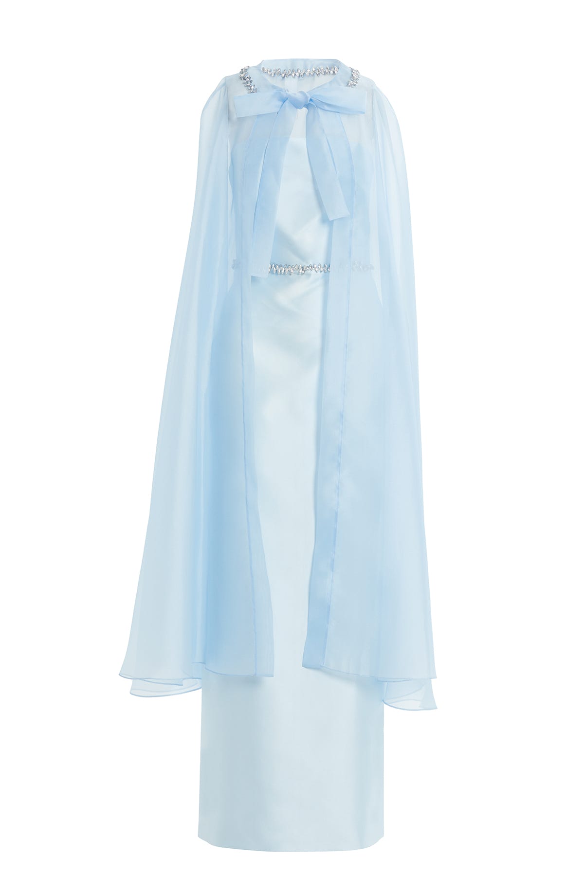 Pelerin Detaylı Beli İşlemeli Straplez Uzun Elbise