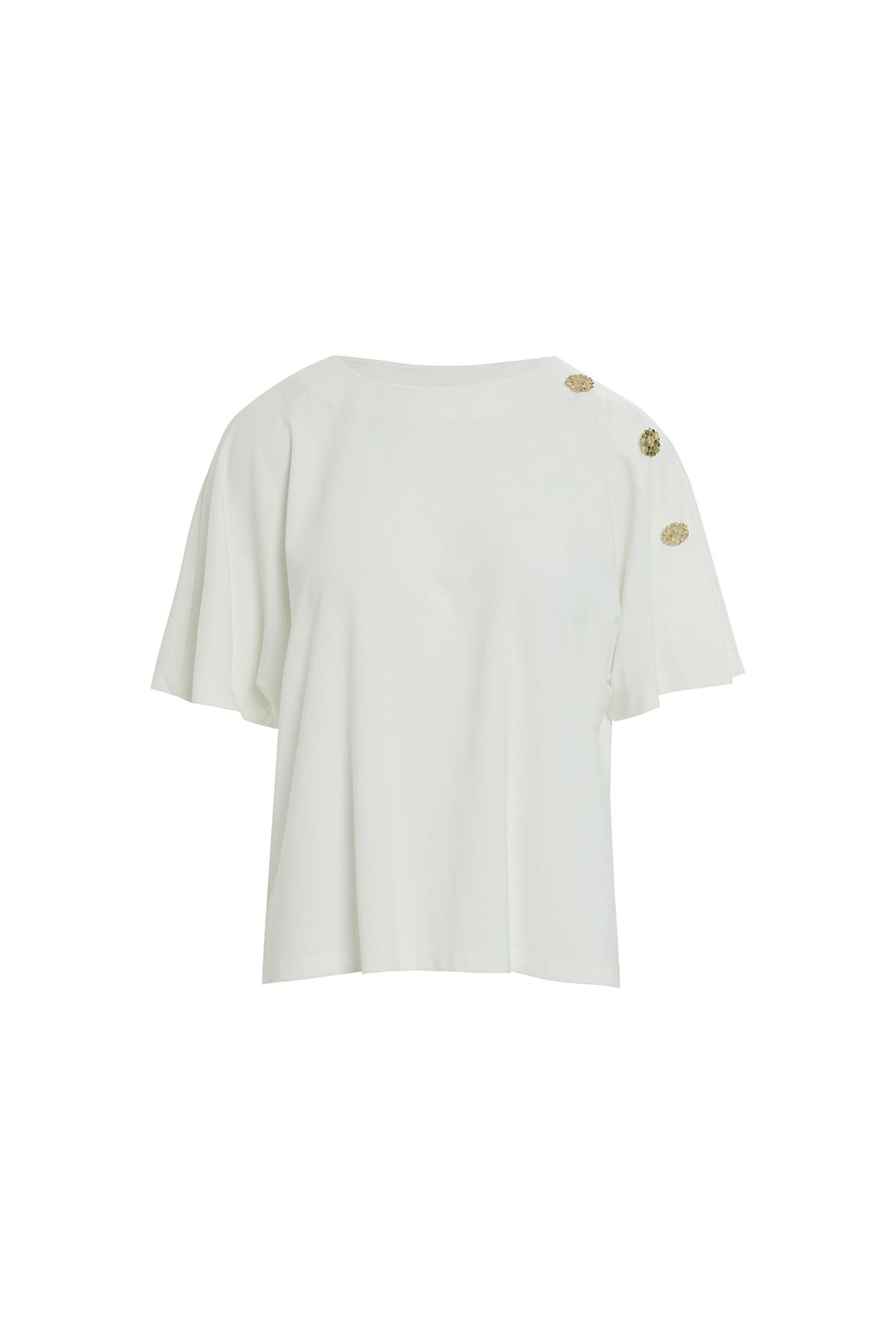 Omuzda Aksesuar Detaylı Geniş Yaka T-Shirt