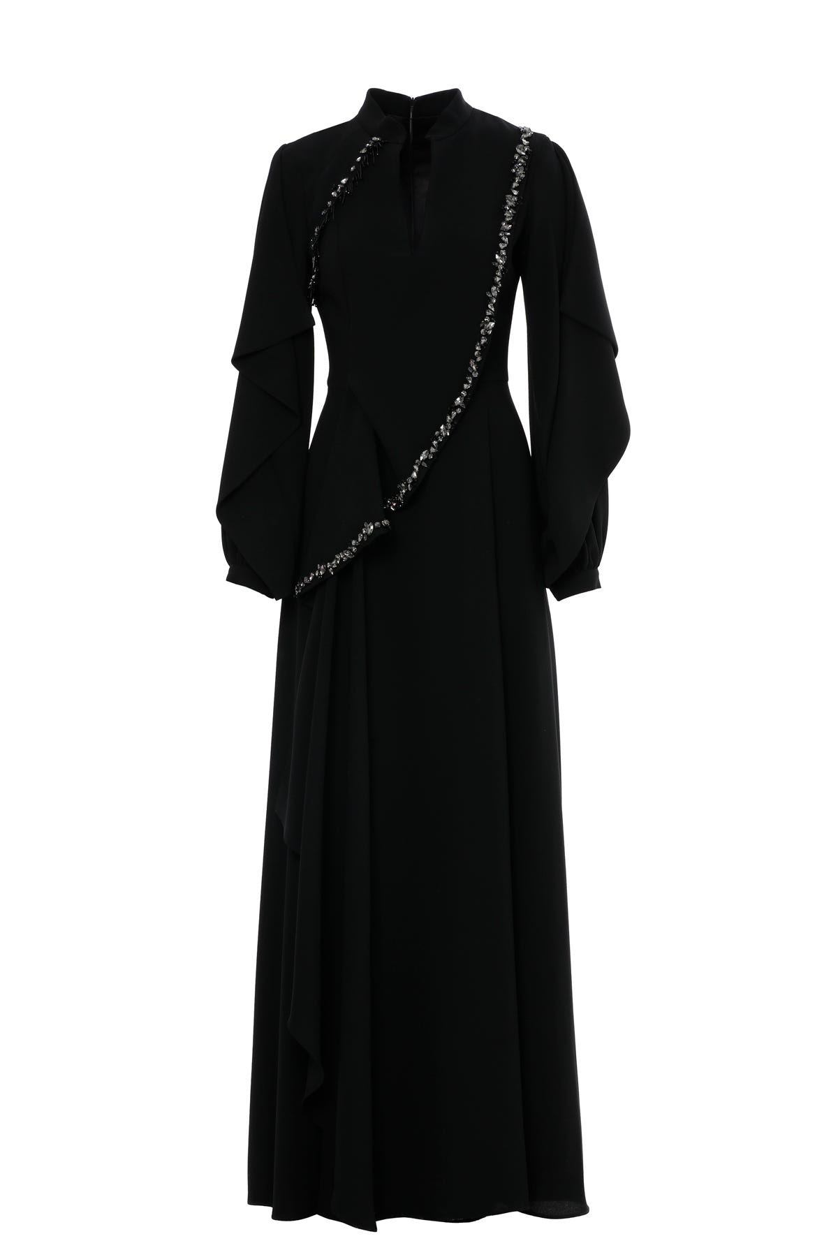 Önü Yırtmaçlı İşlemeli Uzun Elbise