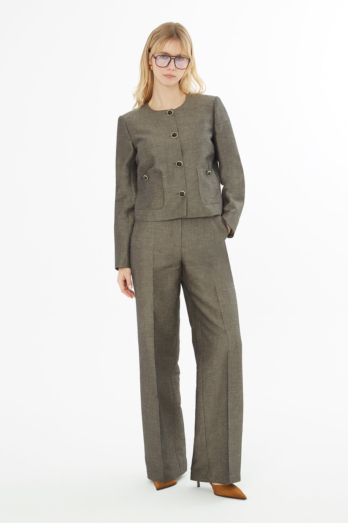 Yakası Zincirli Ceket Ve Palazzo Pantolonlu Takım