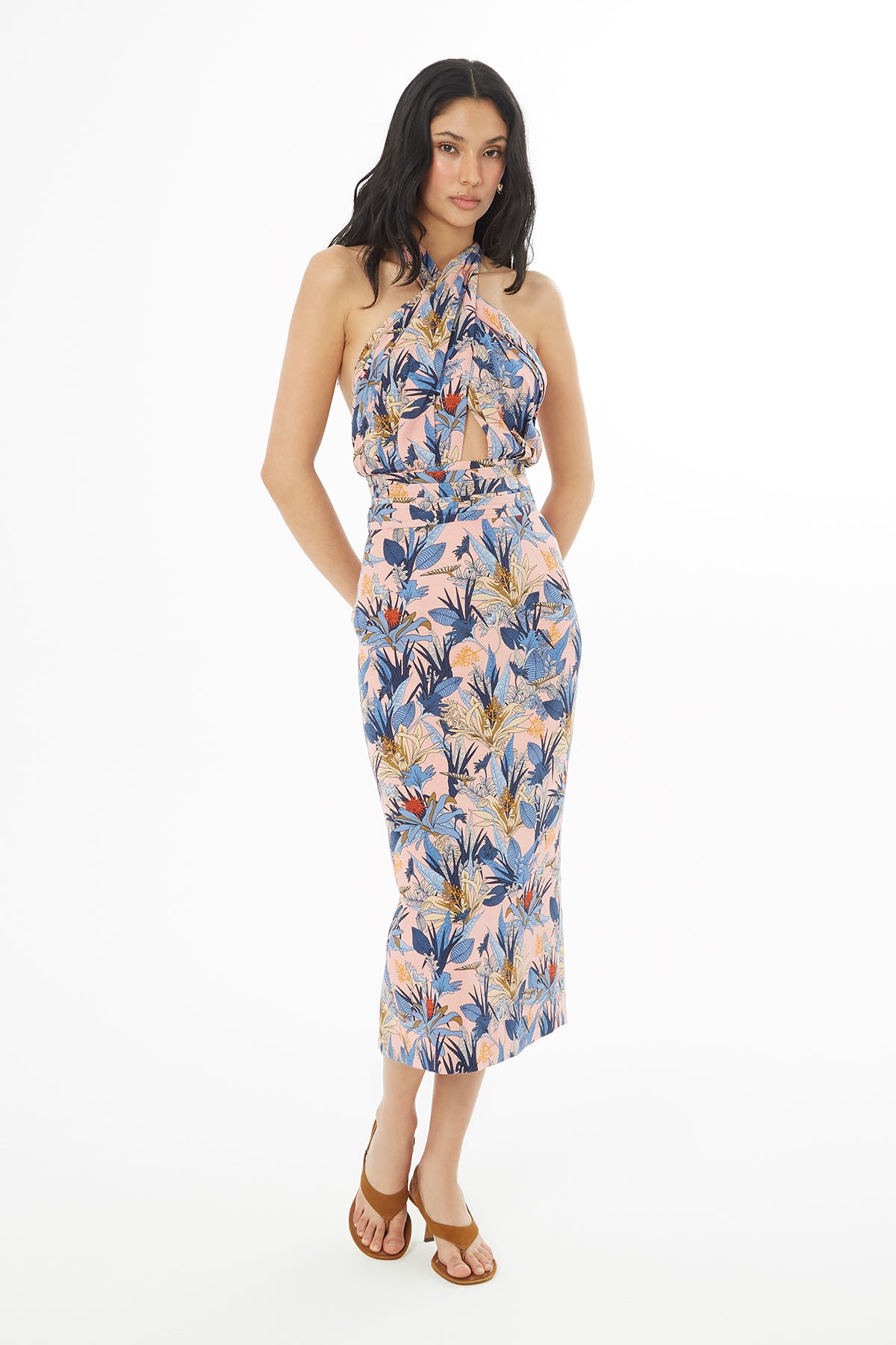 Sırt Dekolteli Desenli Midi Elbise