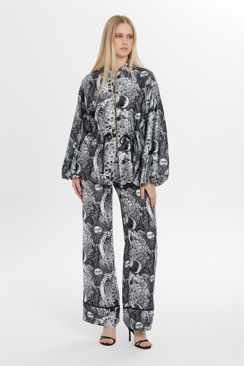 Kolları Büzgülü Desenli Salaş Siyah Takım