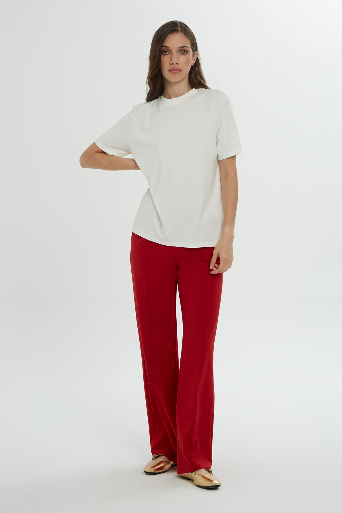 Bisiklet Yaka Kısa Kollu Basic Ekru T-shirt