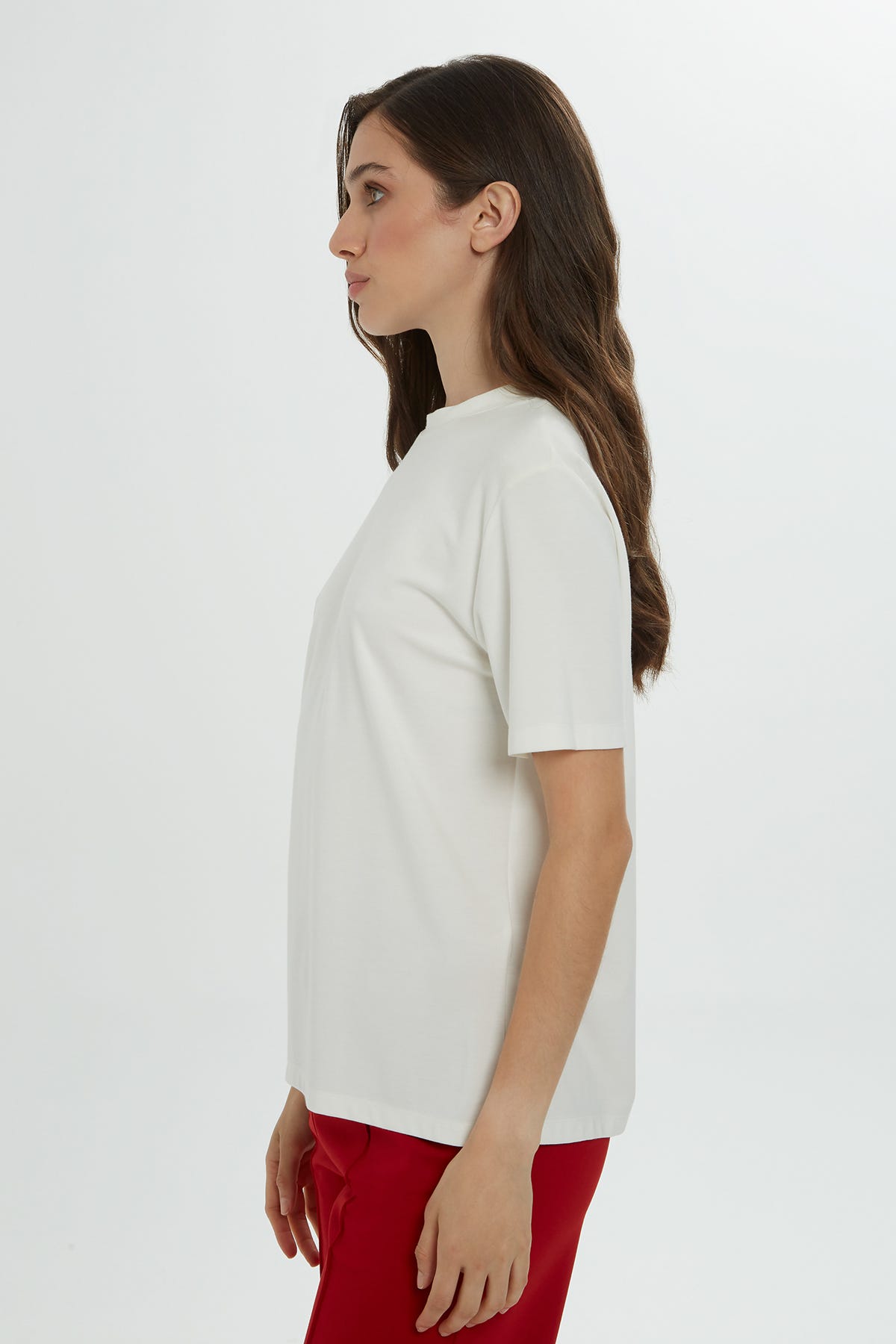 Bisiklet Yaka Kısa Kollu Basic Ekru T-shirt