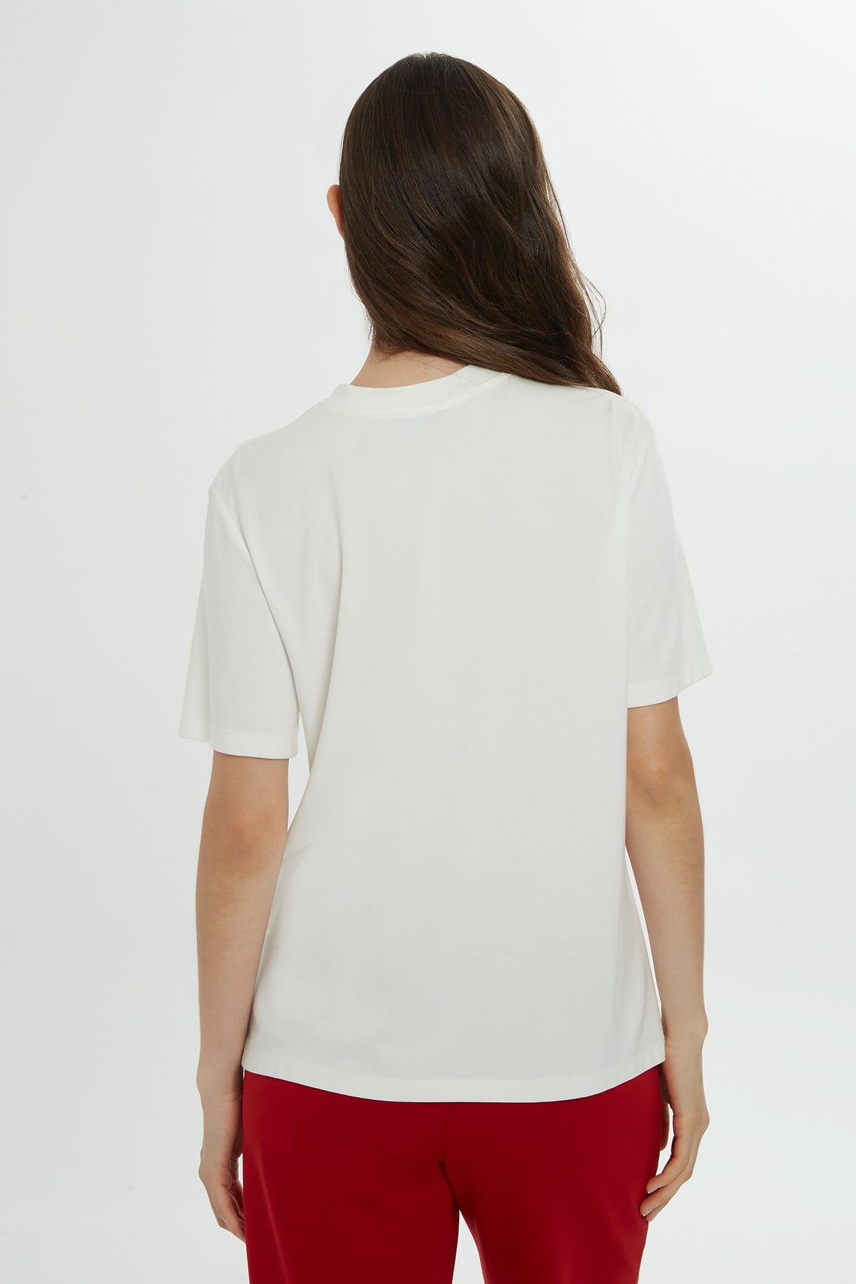 Bisiklet Yaka Kısa Kollu Basic Ekru T-shirt