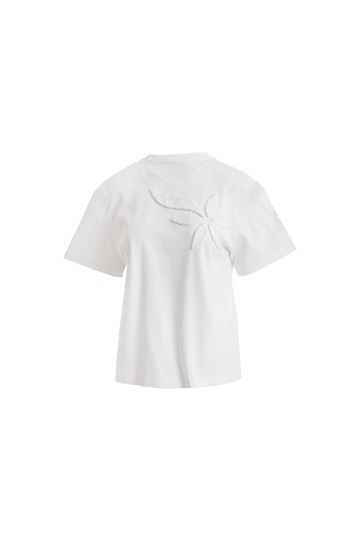 Yapraklı Ve Dikme Boncuklu Kısa Kollu Beyaz T-Shirt