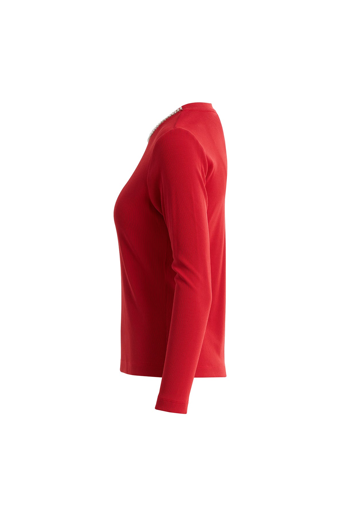 Yakası Straz Taşlı Uzun Kollu Kırmızı Bluz