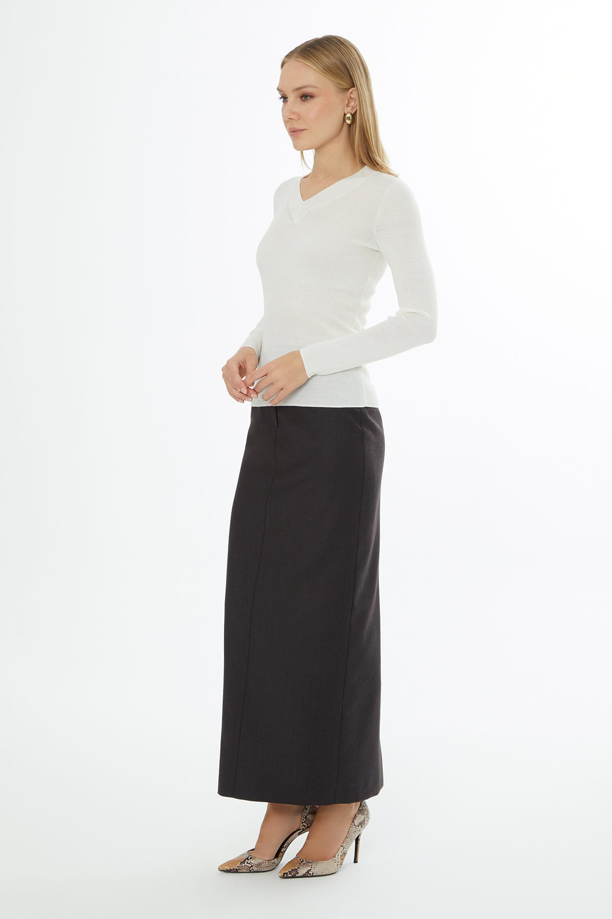 V Yaka Uzun Kollu Ekru Triko