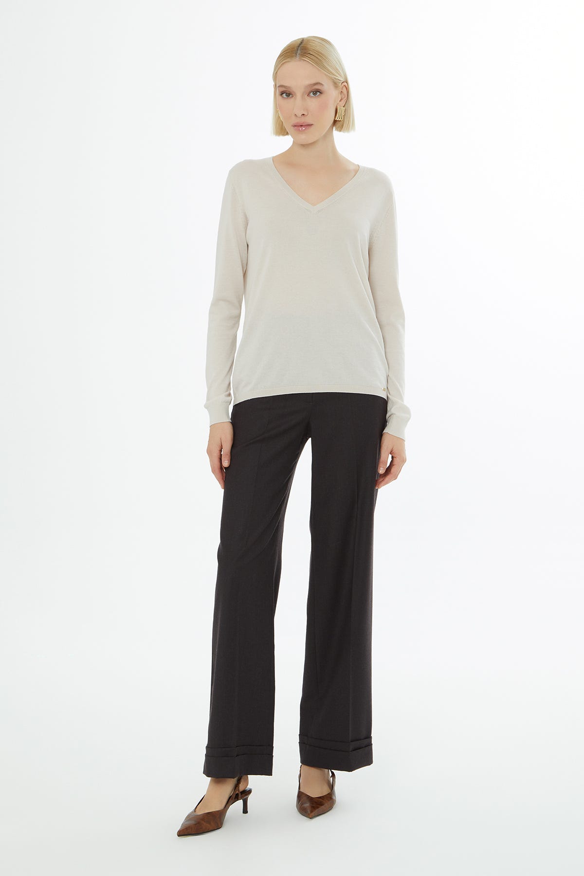 V Yakalı Uzun Kollu Yün Karışımlı Kazak