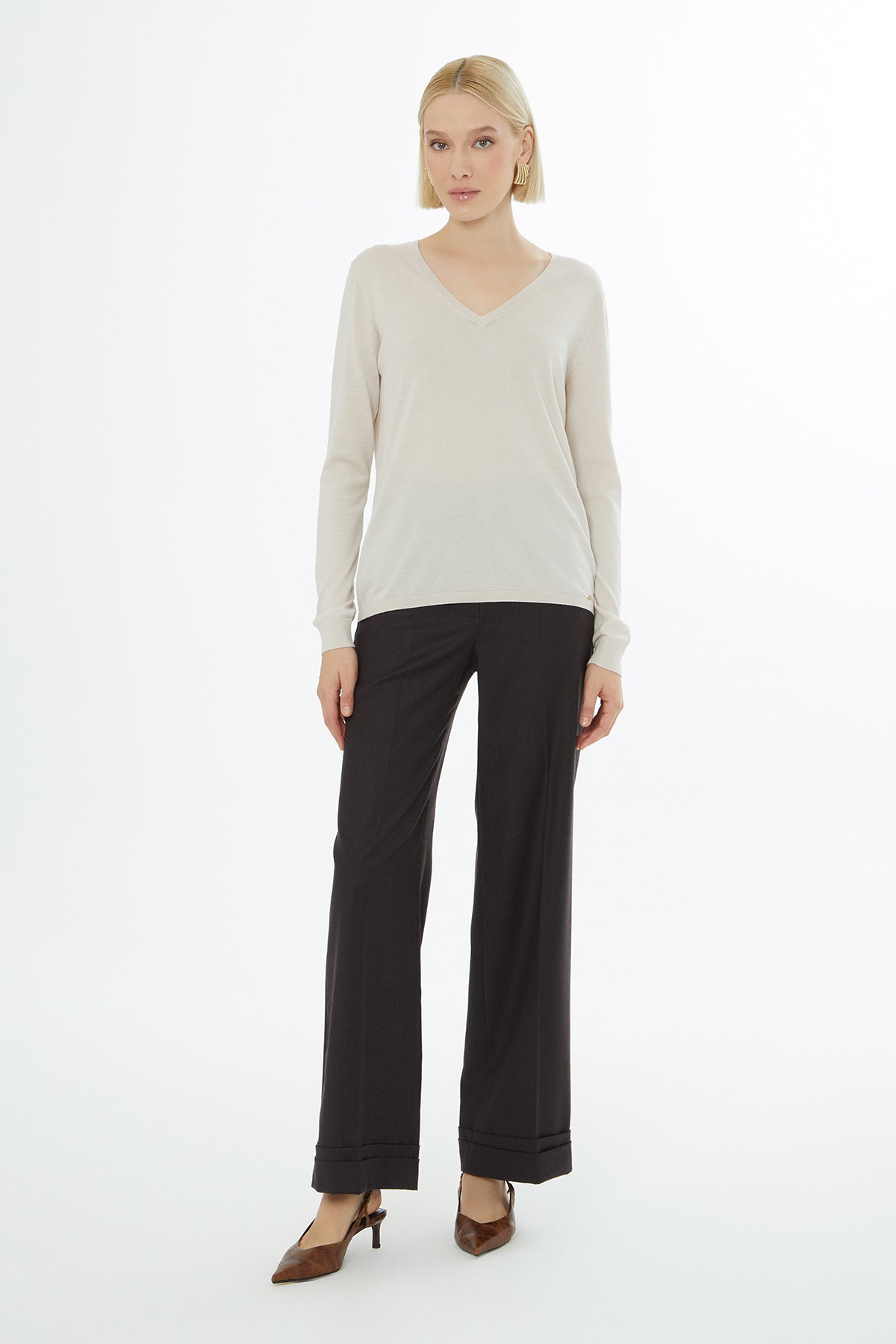 V Yakalı Uzun Kollu Yün Karışımlı Kazak