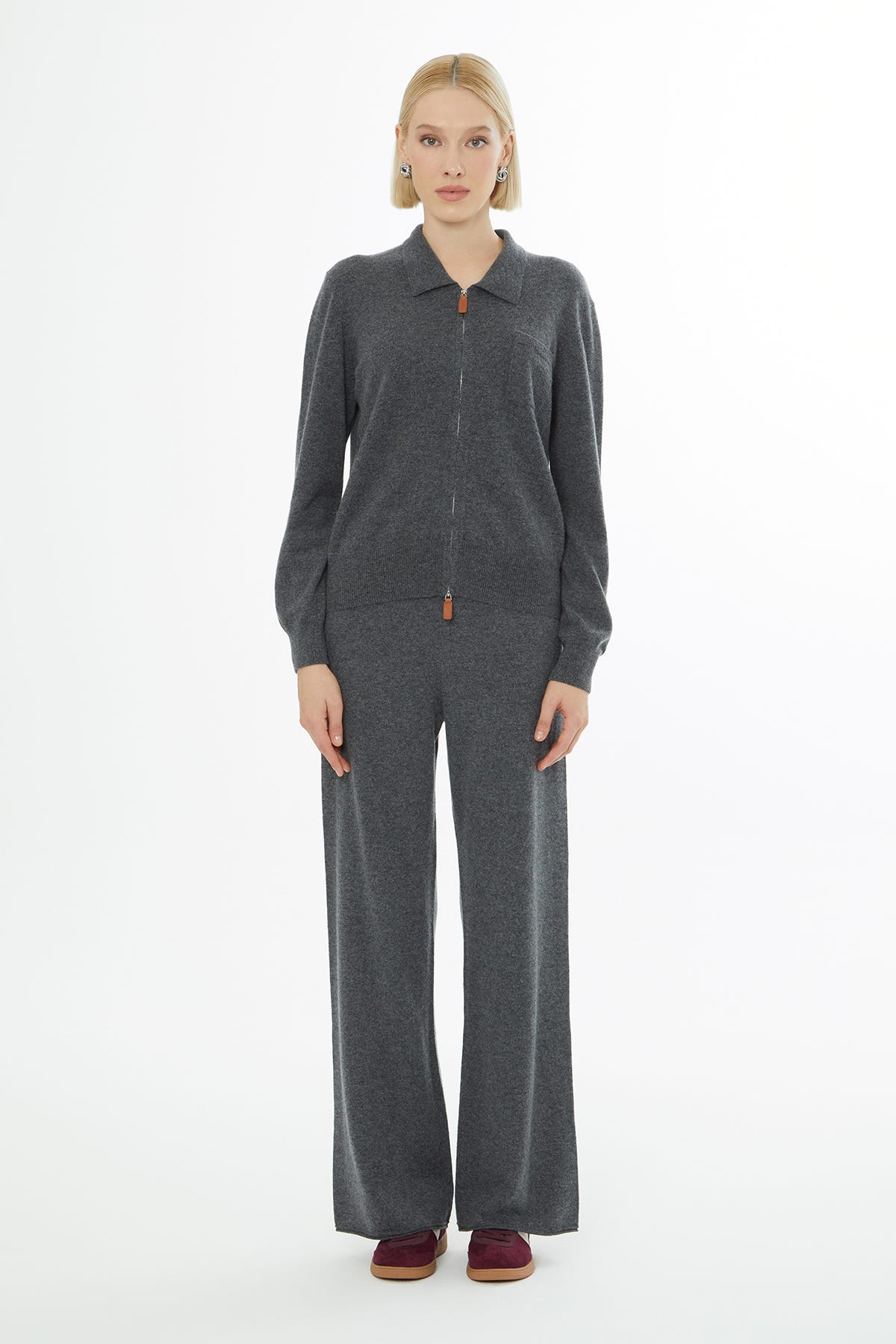 Gömlek Yaka Fermuar Kapamalı Uzun Kollu Hırka