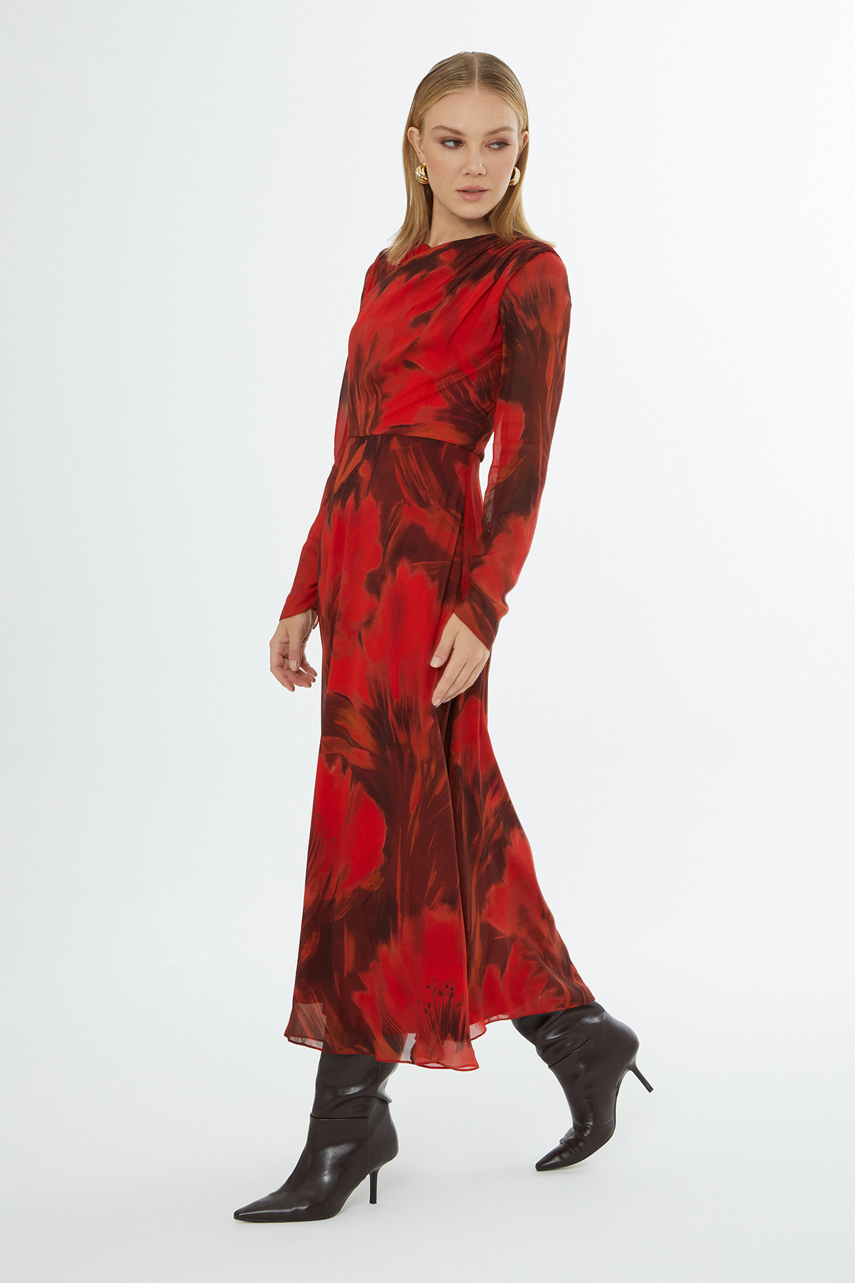 Yuvarlak Yaka Fermuar Kapama Omuzdan Büzgülü Midi Elbise