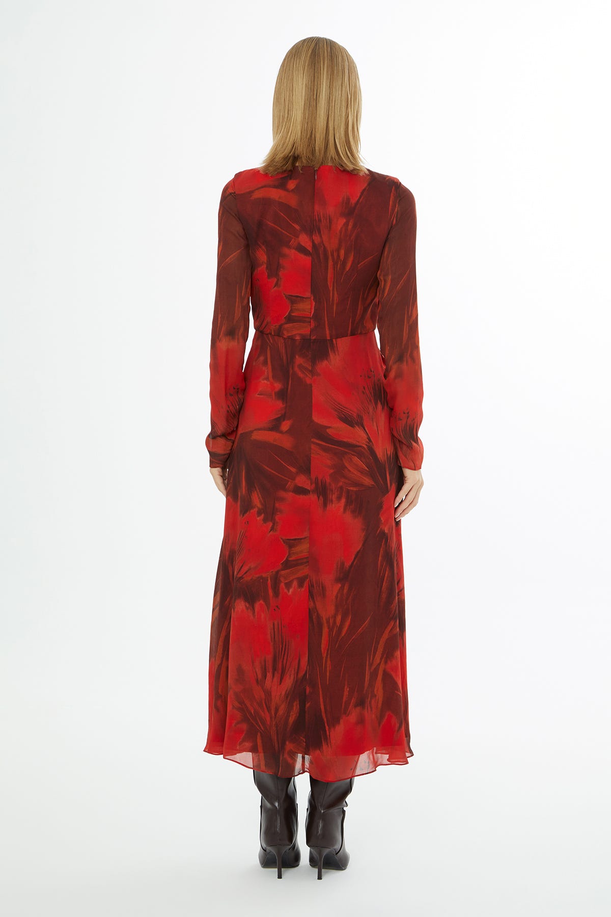 Yuvarlak Yaka Fermuar Kapama Omuzdan Büzgülü Midi Elbise