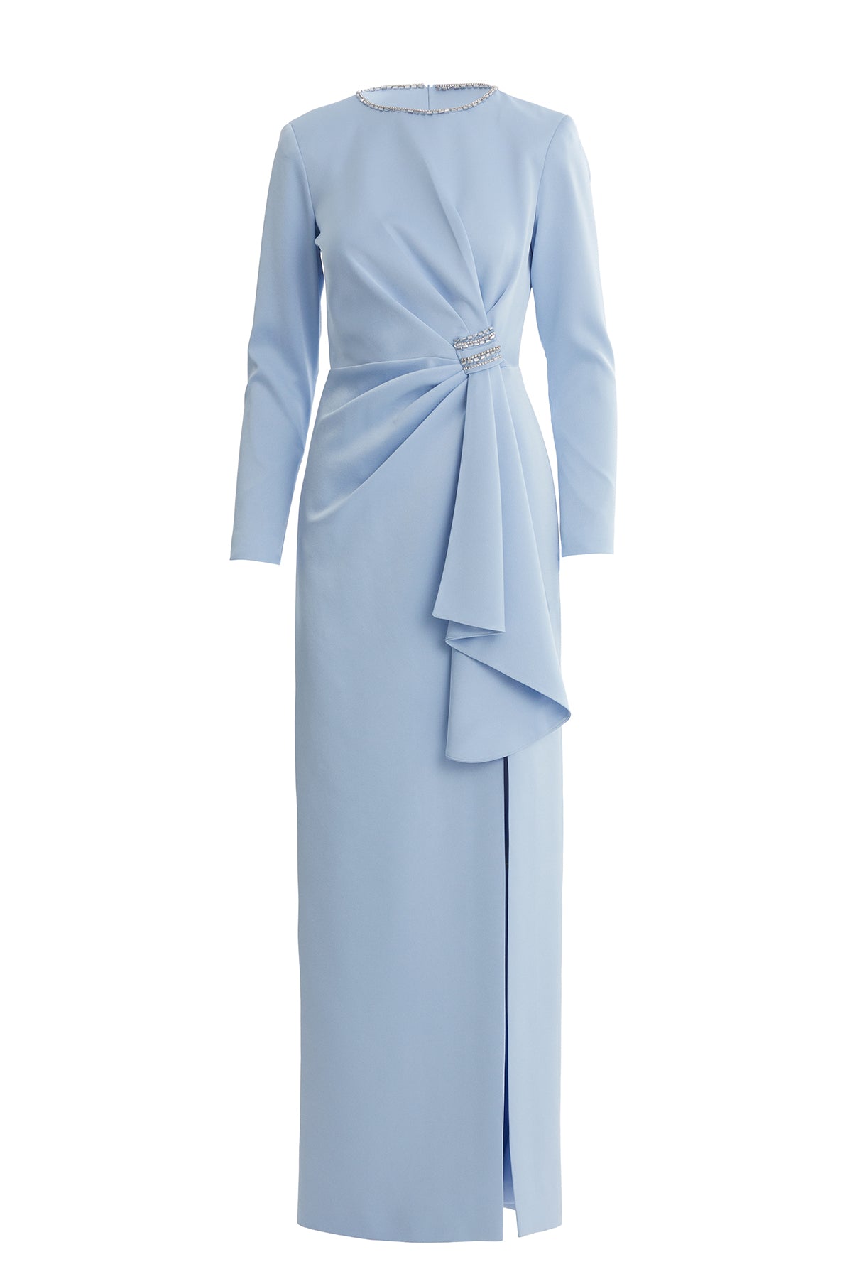 Volan Detaylı Taşlı Mavi Elbise