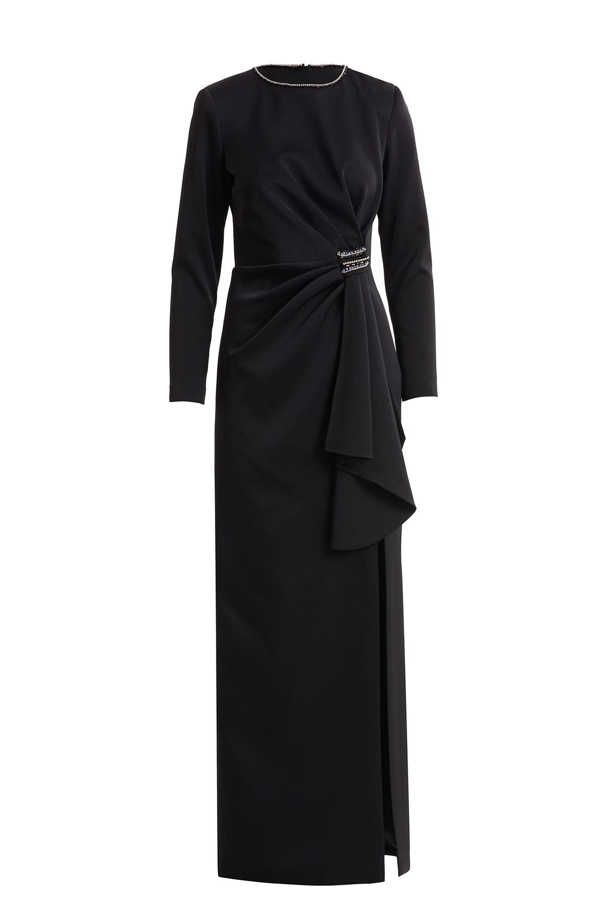 Volan Detaylı Taşlı Uzun Siyah Elbise