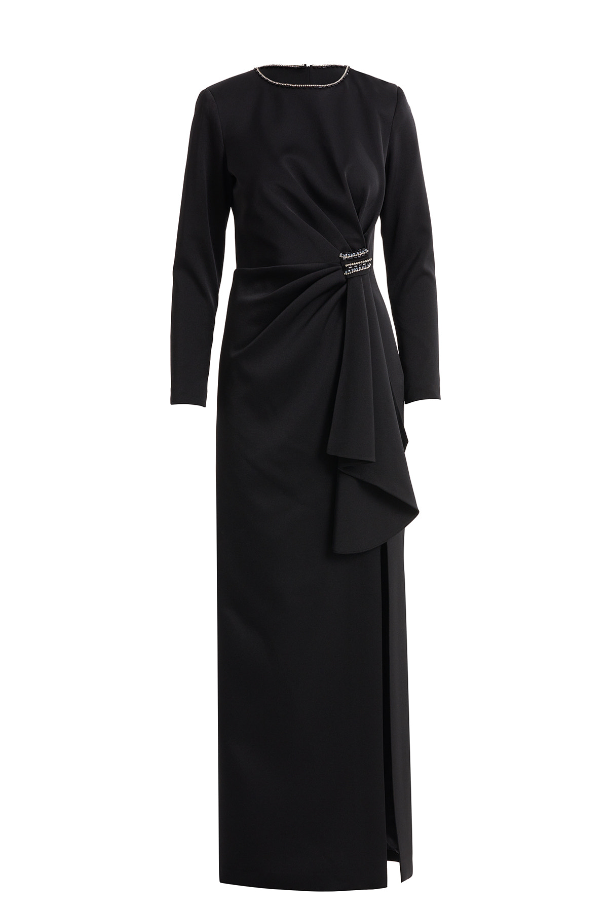 Volan Detaylı Taşlı Uzun Siyah Elbise