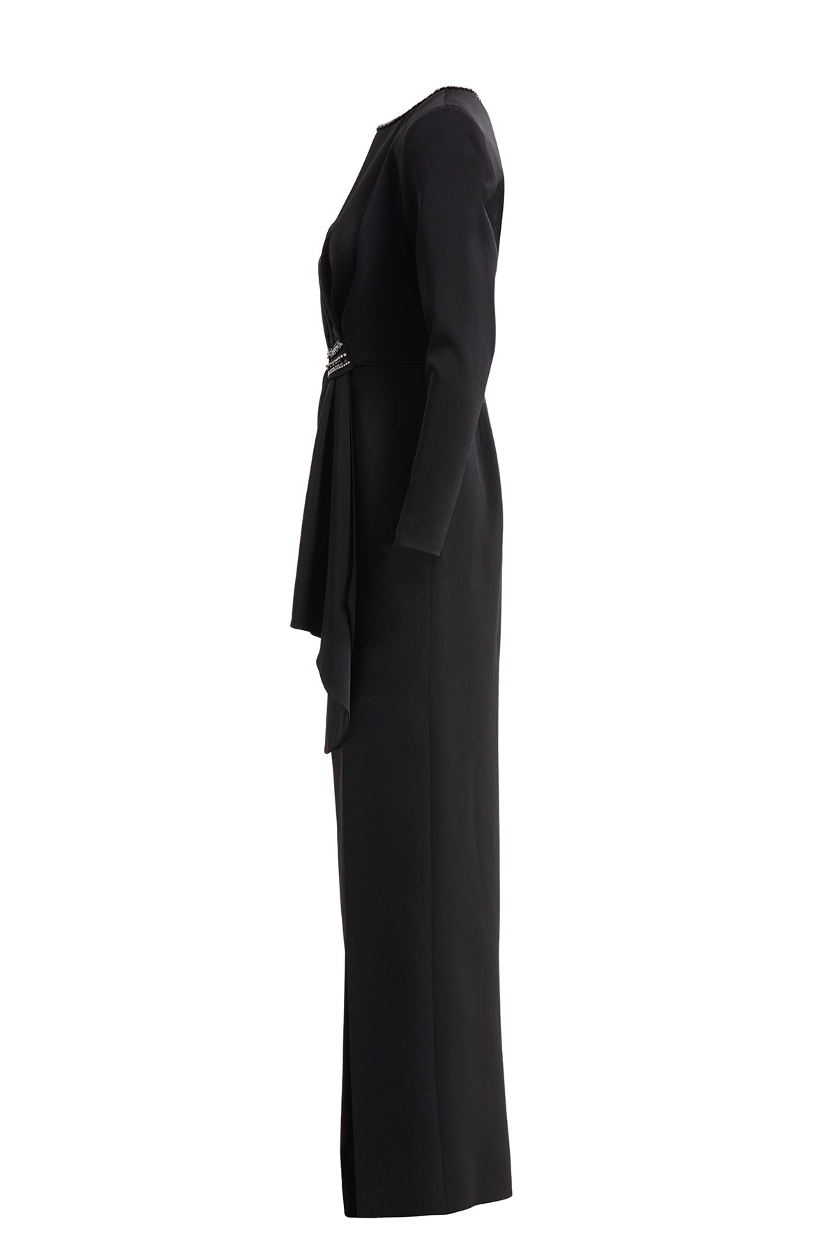 Volan Detaylı Taşlı Uzun Siyah Elbise