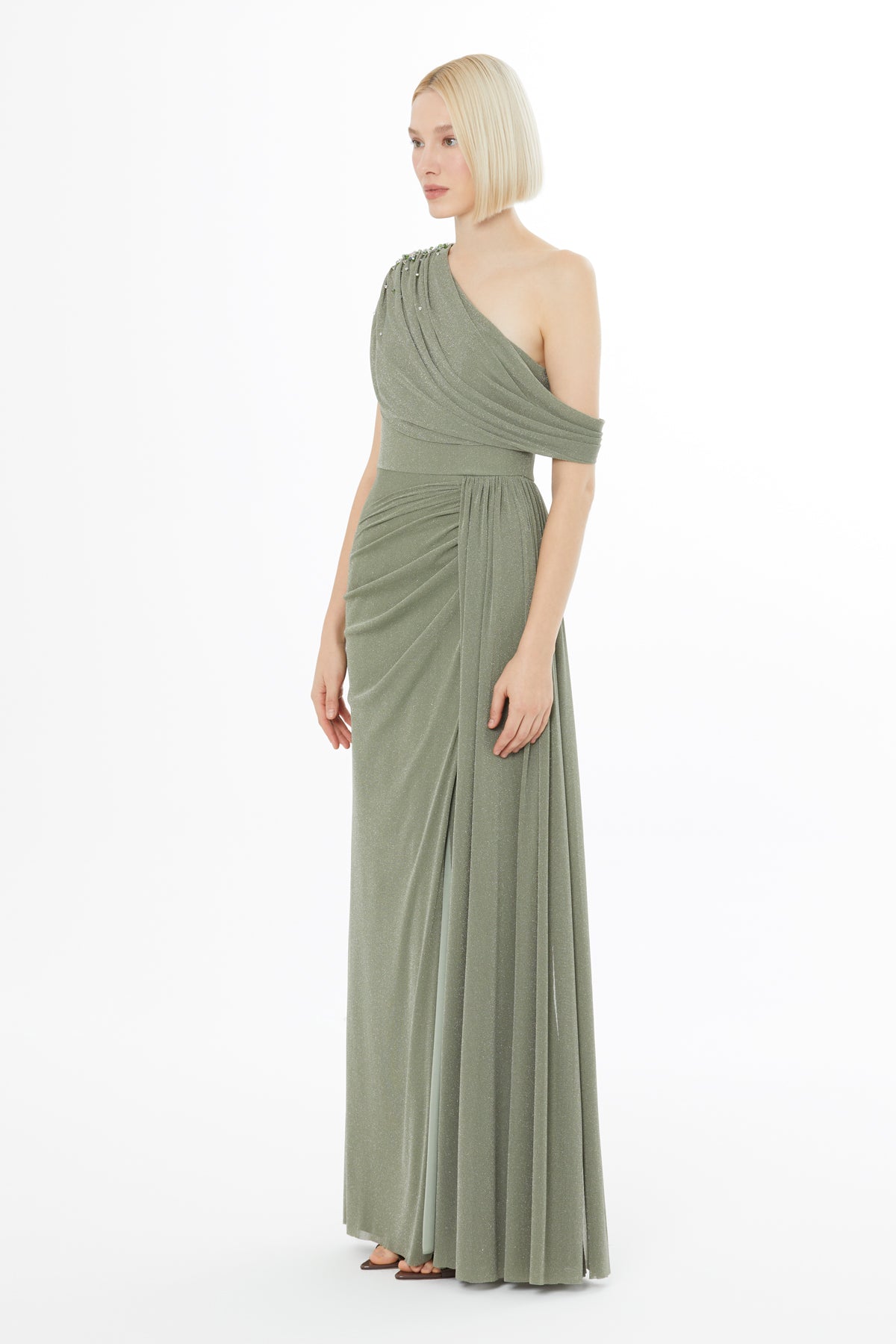 Omuzları İşlemeli Uzun Haki Elbise