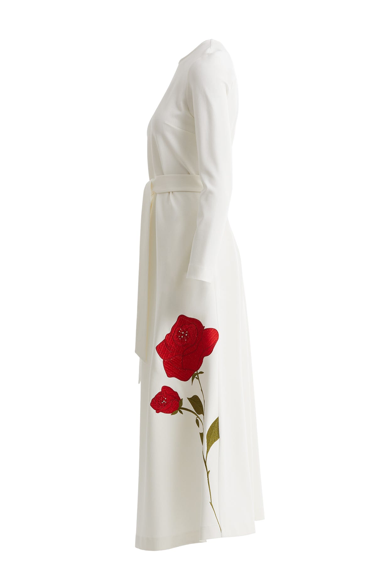 Kuşaklı Nakışlı ve İşlemeli Ekru Maxi Elbise