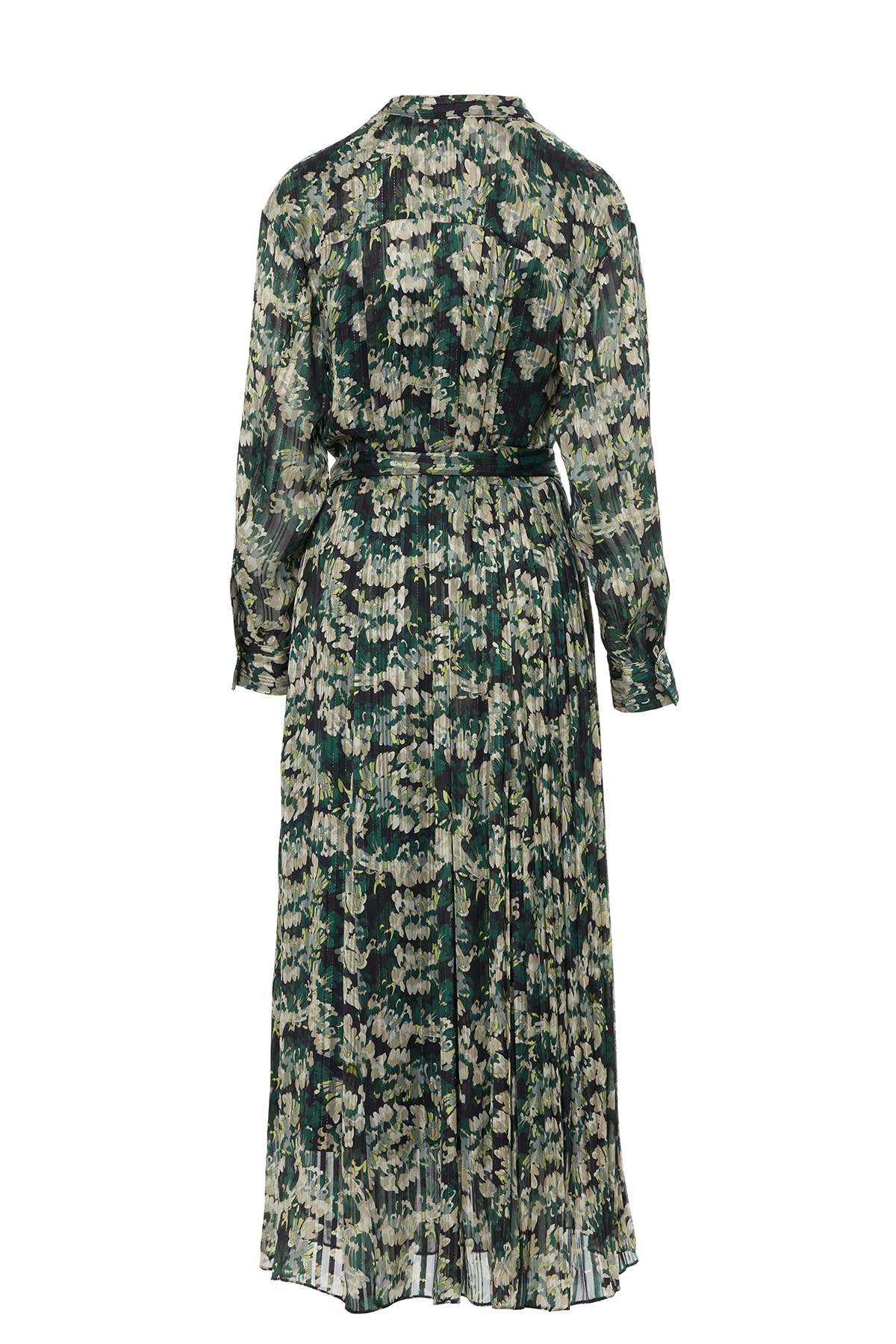 Hakim Yakalı Kuşaklı Desenli Maxi Elbise