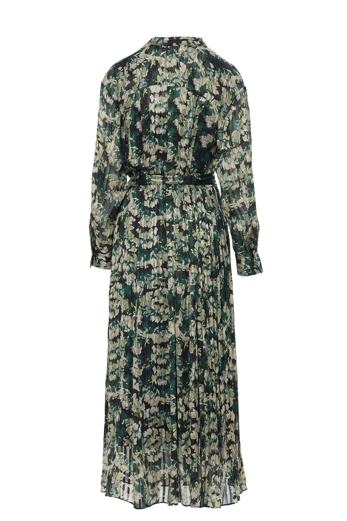 Hakim Yakalı Kuşaklı Desenli Uzun Elbise