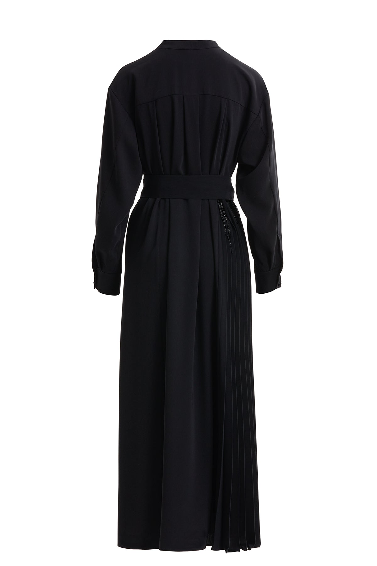 Hakim Yakalı Kuşaklı Siyah Uzun Elbise