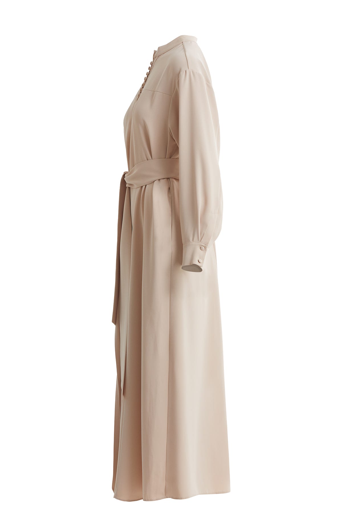 Hakim Yakalı Kuşaklı Uzun Bej Elbise