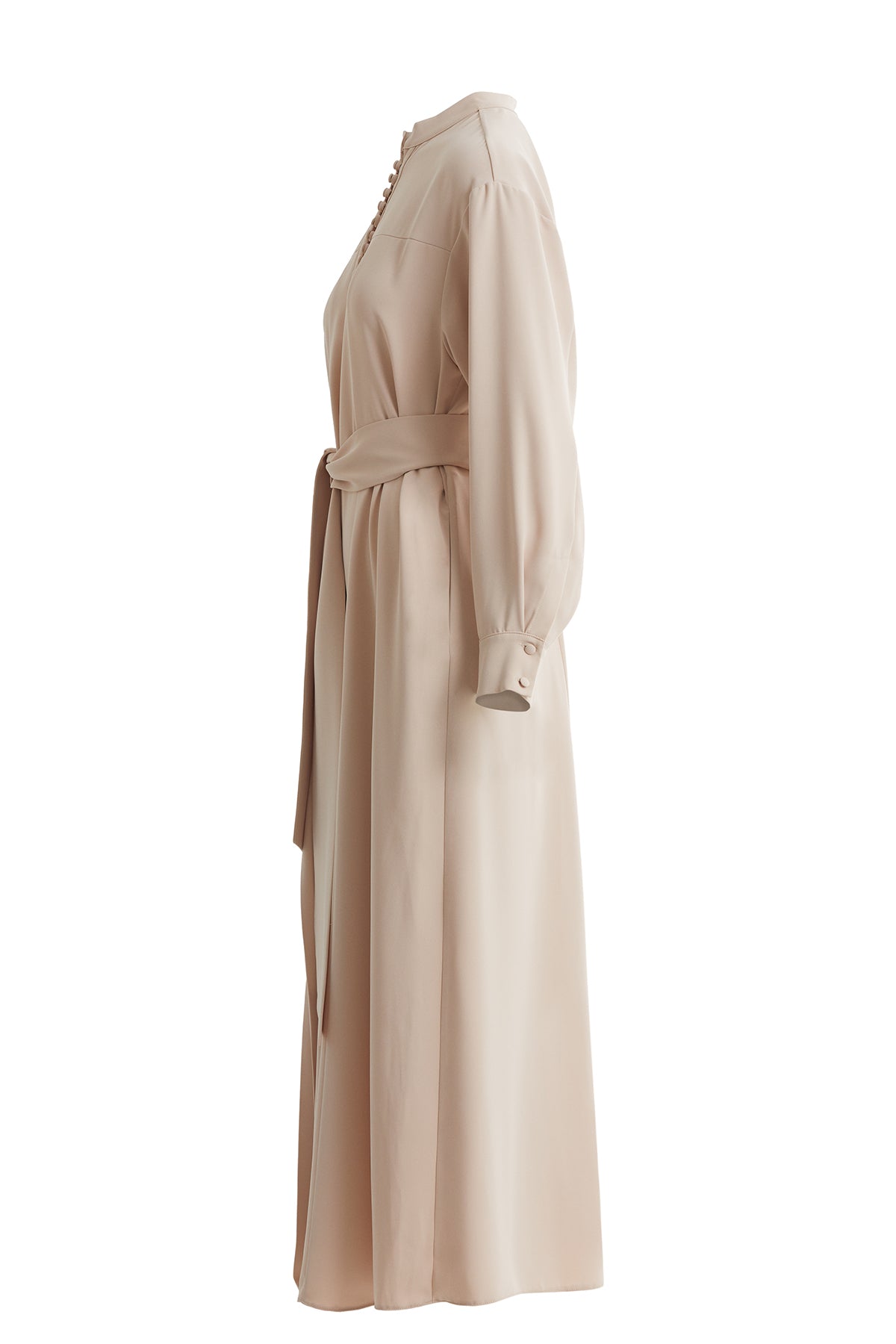 Hakim Yakalı Kuşaklı Uzun Bej Elbise