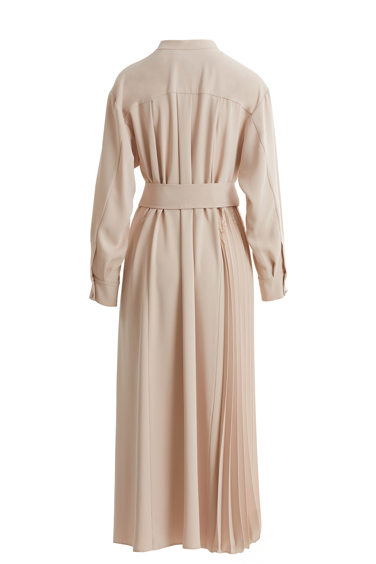 Hakim Yakalı Kuşaklı Uzun Bej Elbise