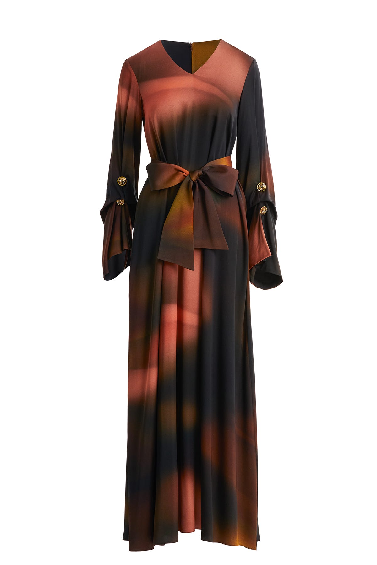 Kuşaklı Düğme İşlemeli Kahverengi Elbise