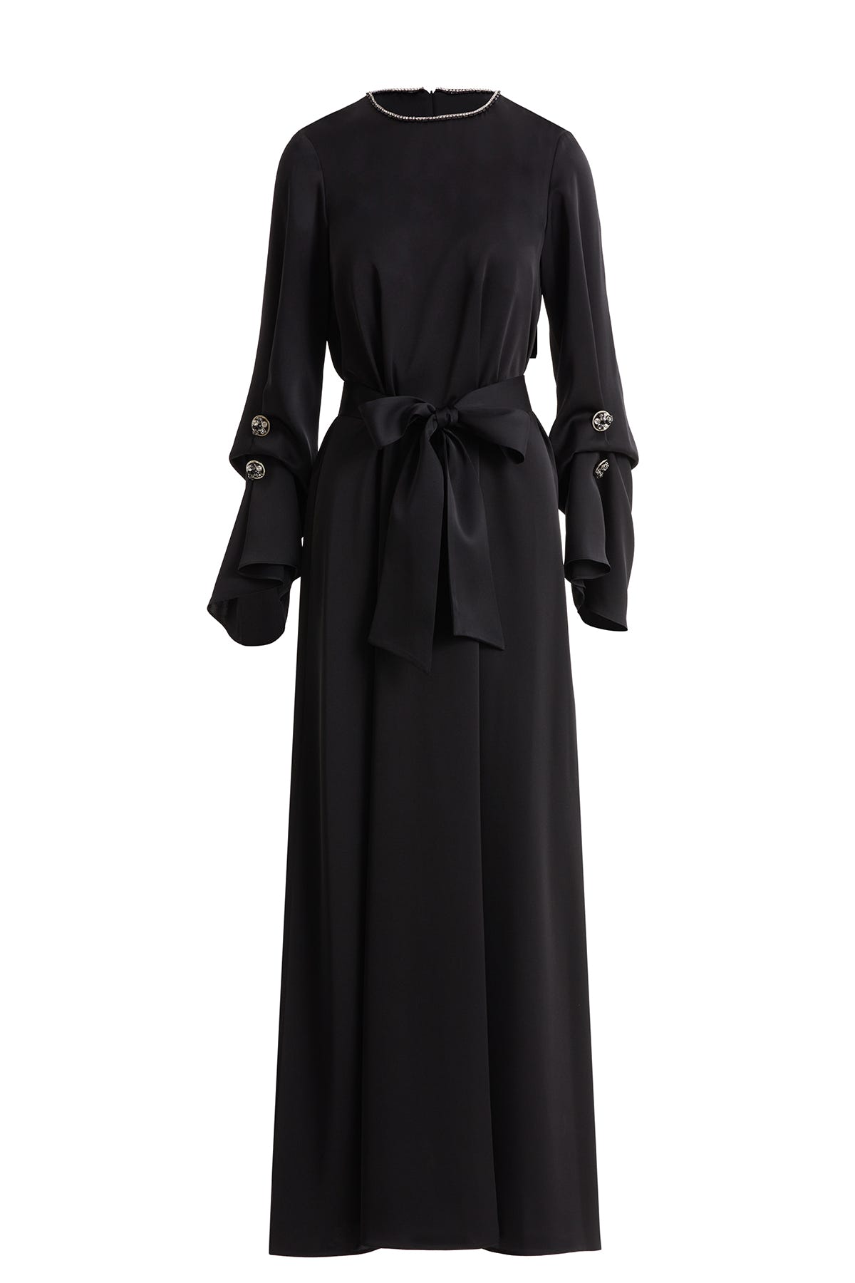 Seyyar Kuşaklı İşlemeli Siyah Elbise