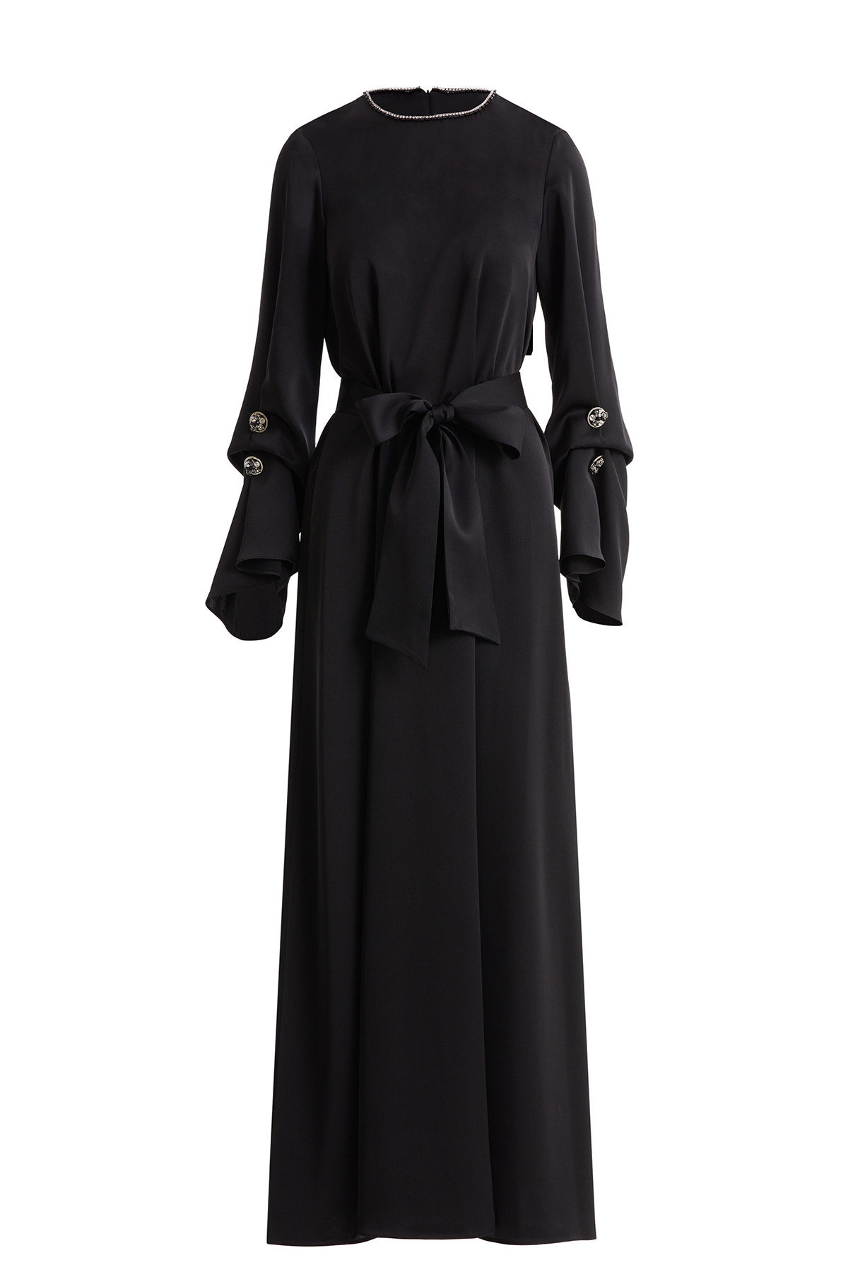 Seyyar Kuşaklı İşlemeli Siyah Elbise