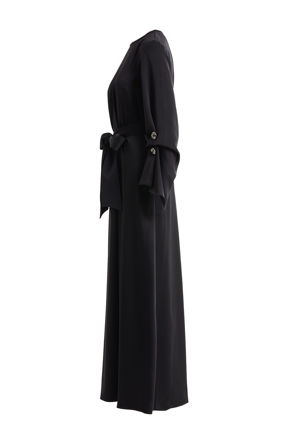 Seyyar Kuşaklı İşlemeli Siyah Elbise