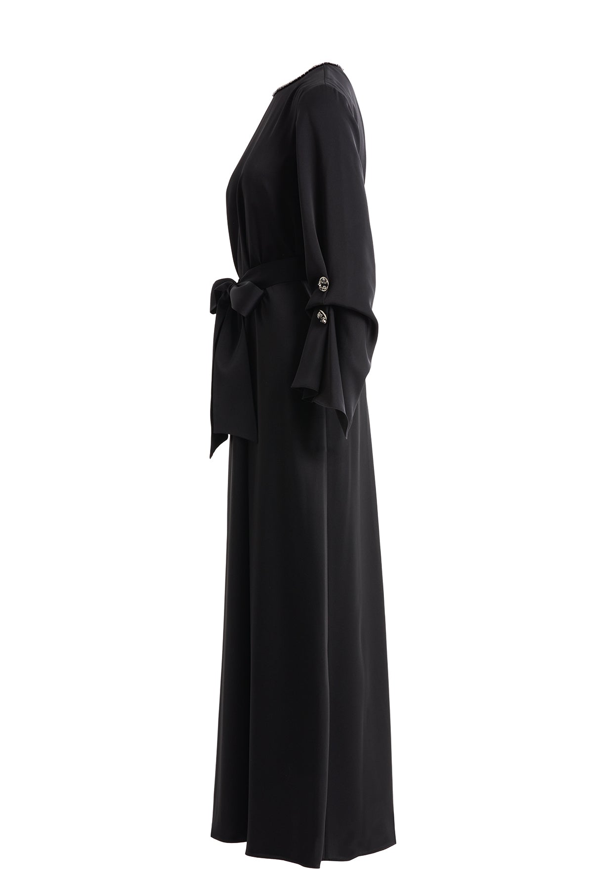 Seyyar Kuşaklı İşlemeli Siyah Elbise