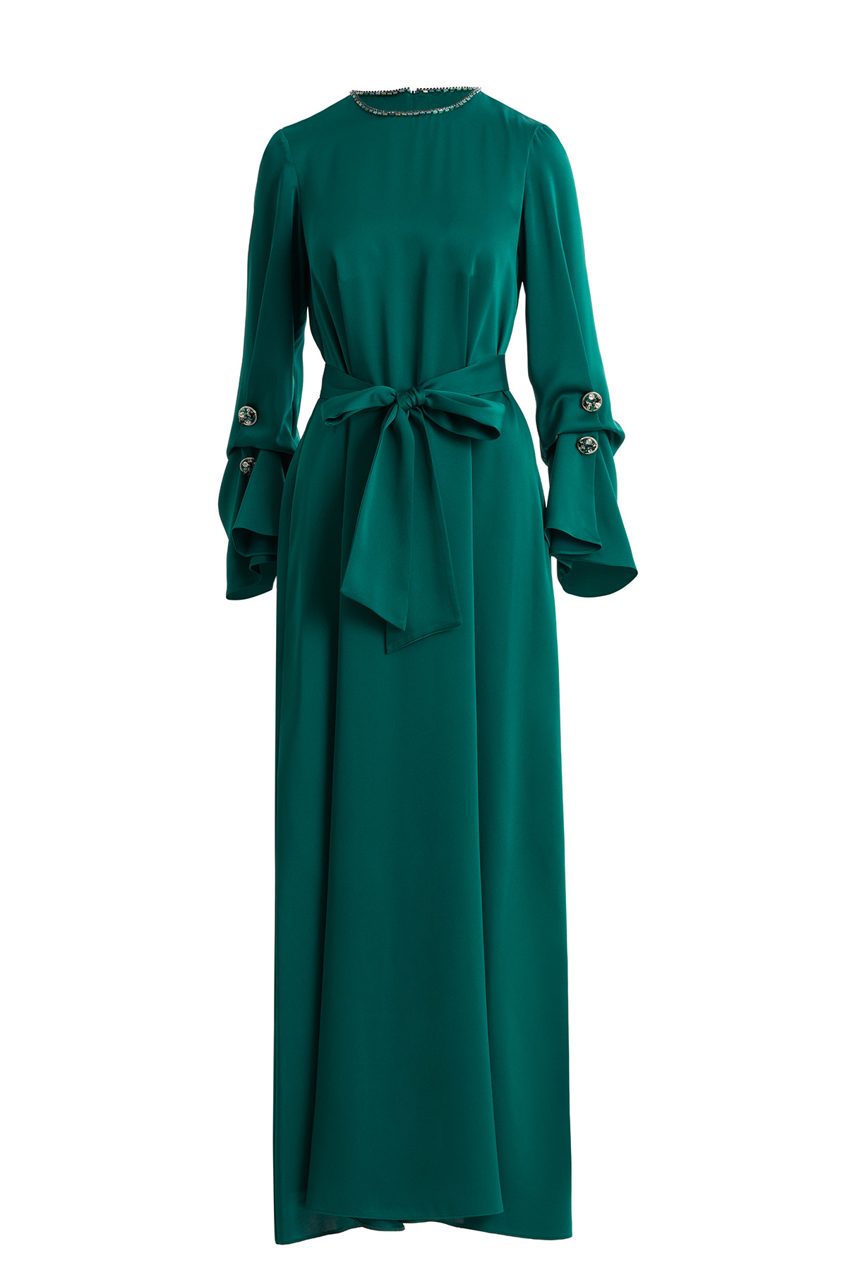 Seyyar Kuşaklı İşlemeli Yeşil Elbise