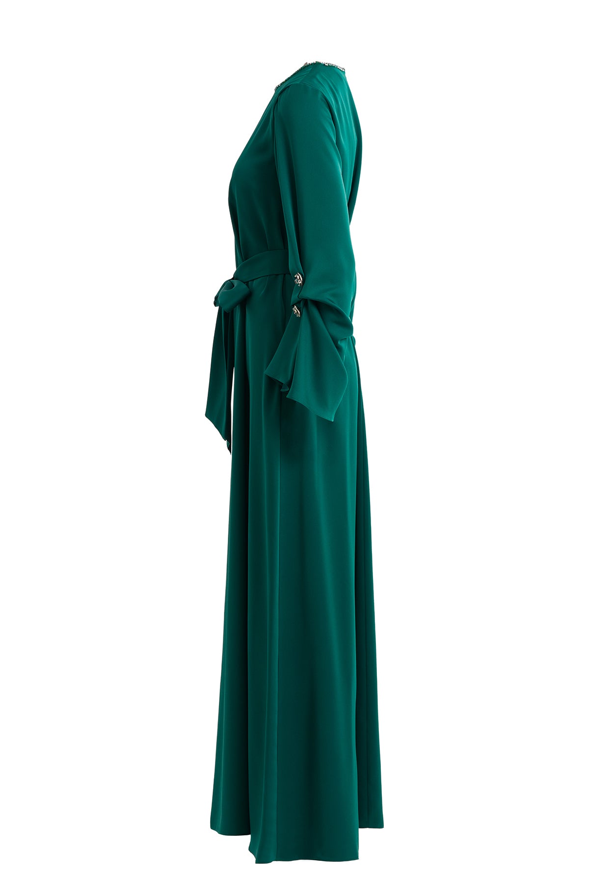 Seyyar Kuşaklı İşlemeli Yeşil Elbise