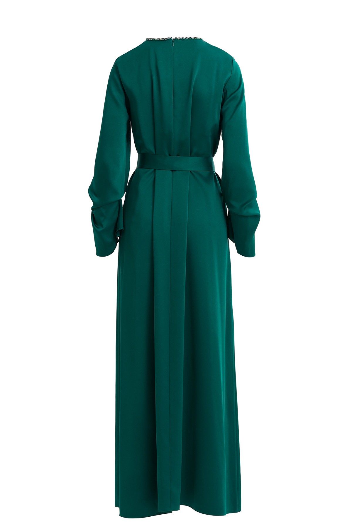 Seyyar Kuşaklı İşlemeli Yeşil Elbise