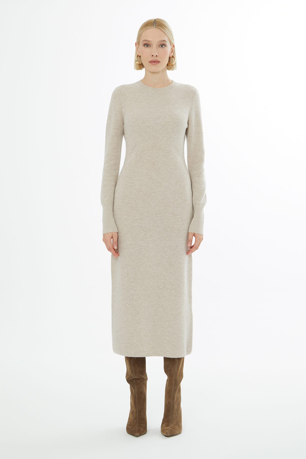 Yuvarlak Yaka Uzun Kol Midi Elbise